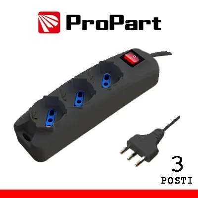 Multipresa 3 posti bipasso+schuko nero spina 16a +interruttore