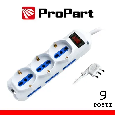 Multipresa 9 posti bipasso+schuko spina 10a+interruttore nera