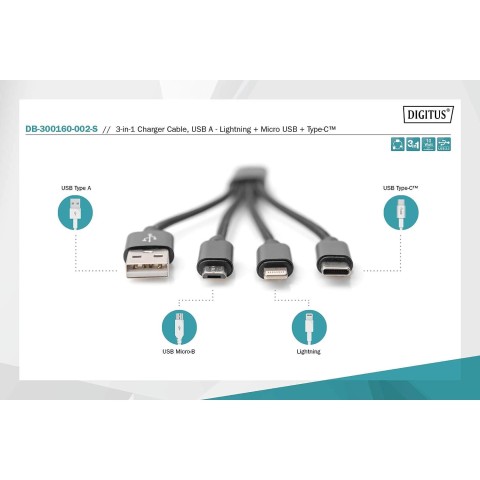 CAVO DI RICARICA Digitus 3-in-1 Cable USB-A + Lightning + Micro USB + USB-C