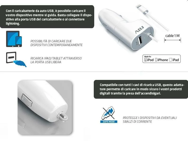 Caricabatteria da auto ADJ presa accendisigari usb 2.4a + cavo l